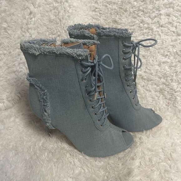 Bella Marie Frayed Denim Peep Toe Lace Up Stiletto Ankle Boots side zipper SZ10 - Picture 7 of 15
